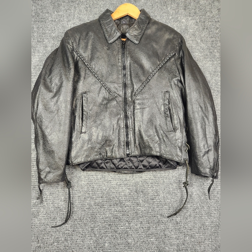 Vtg Barney's Leather Motorcycle Moto Jacket Biker Black Ladies L Braided Lined